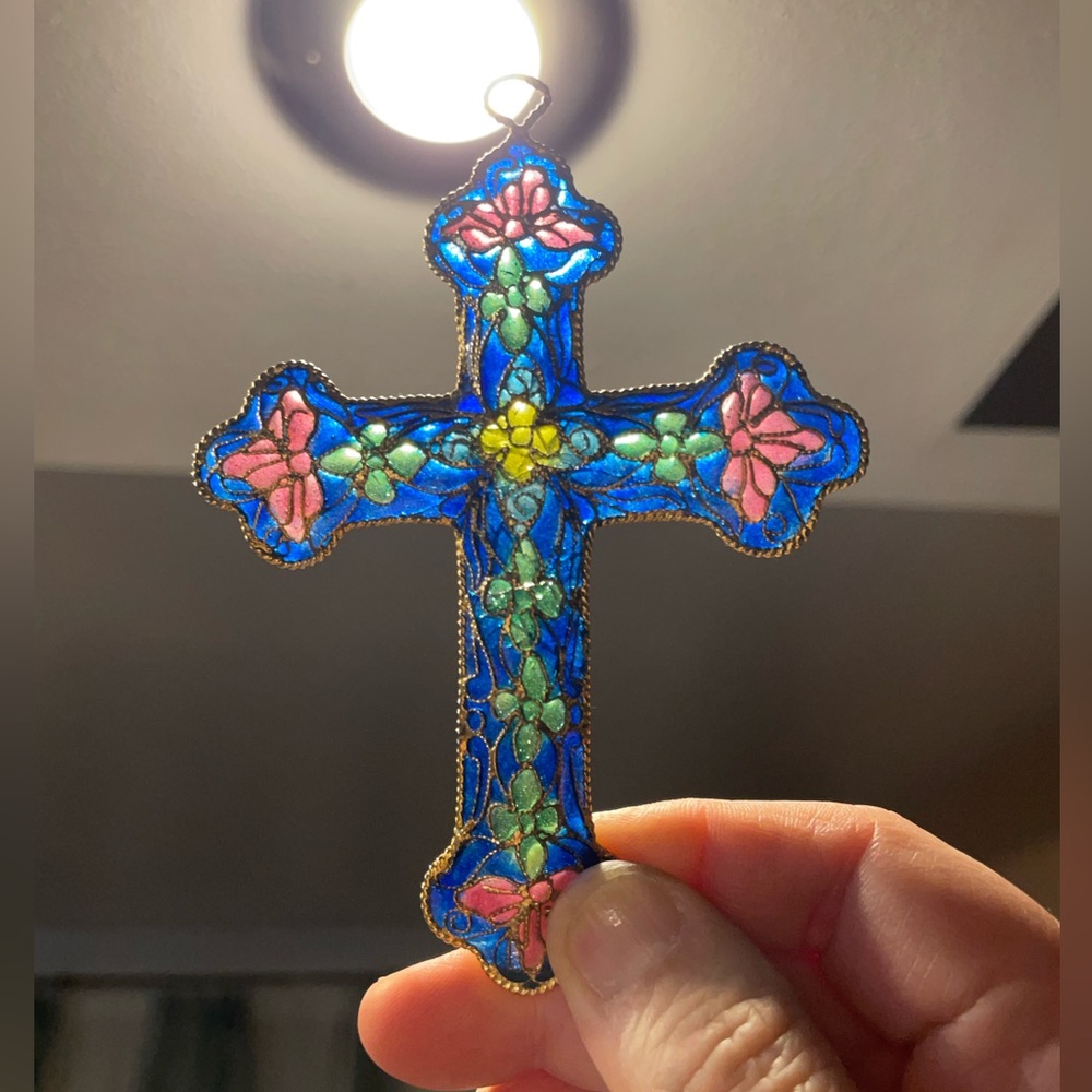Vintage big glass stain art cloisonné cross pendent/ornament.